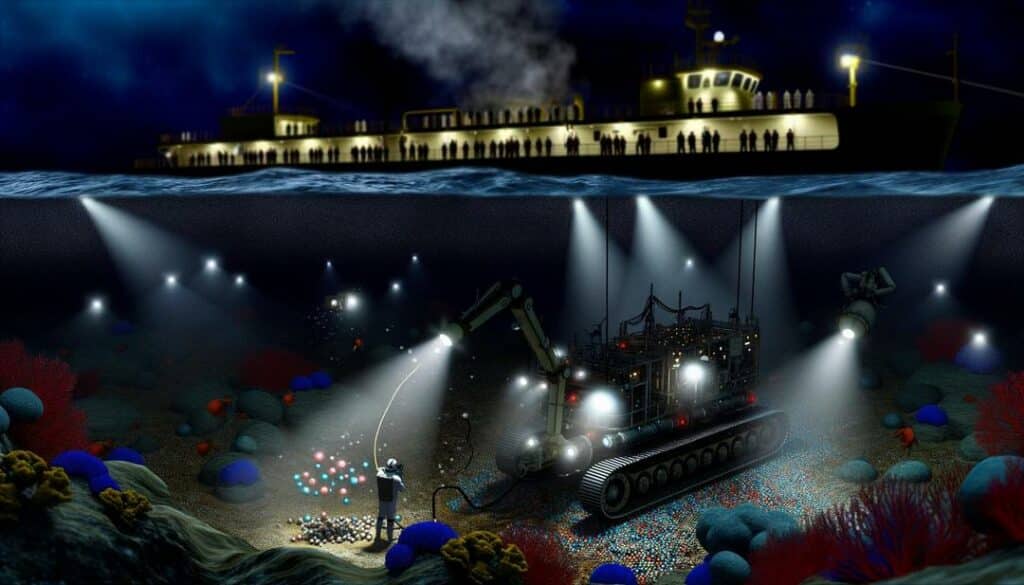 A photorealistic scene portrays "deep-sea rare earth mining" at 1,600 meters depth, featuring an illuminated ROV extracting polymetallic nodules amidst unique marine life, with a research vessel above and scientists monitoring the operation, highlighting both technological advancement and environmental concerns.
