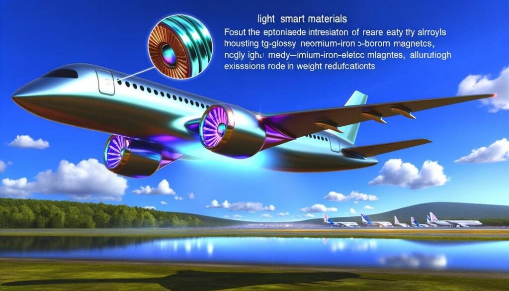 A photorealistic depiction of an advanced aircraft soaring over a vibrant landscape, showcasing the integration of rare earth alloys in its sleek, lightweight design, with turbine blades and neodymium-iron-boron magnets for high performance and sustainability in modern aviation.
