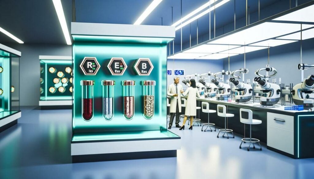 A futuristic laboratory scene captures the essence of rare earth elements applications, showcasing cutting-edge research with state-of-the-art equipment, REE displays, and technologies like wind turbines and electric vehicle motors, set against a backdrop of sustainability and diverse scientific collaboration.