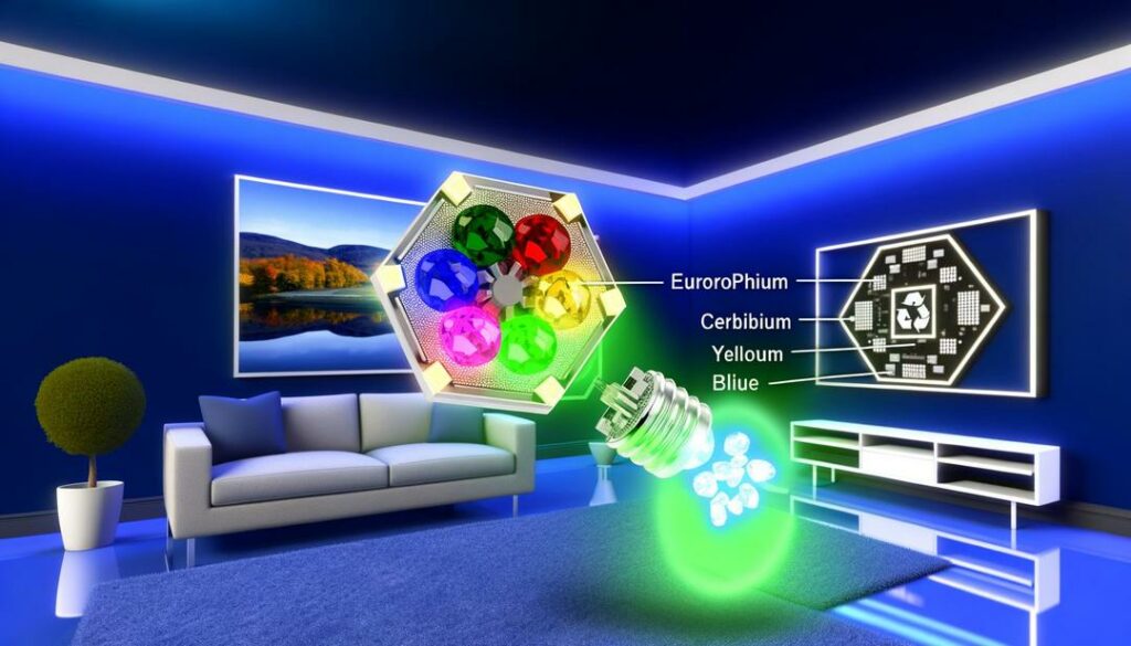 The image depicts rare earth phosphors LED technology with vibrant phosphor crystals interacting with an LED chip, highlighting their role in enhancing light conversion and energy efficiency in a modern, sustainably illuminated setting.