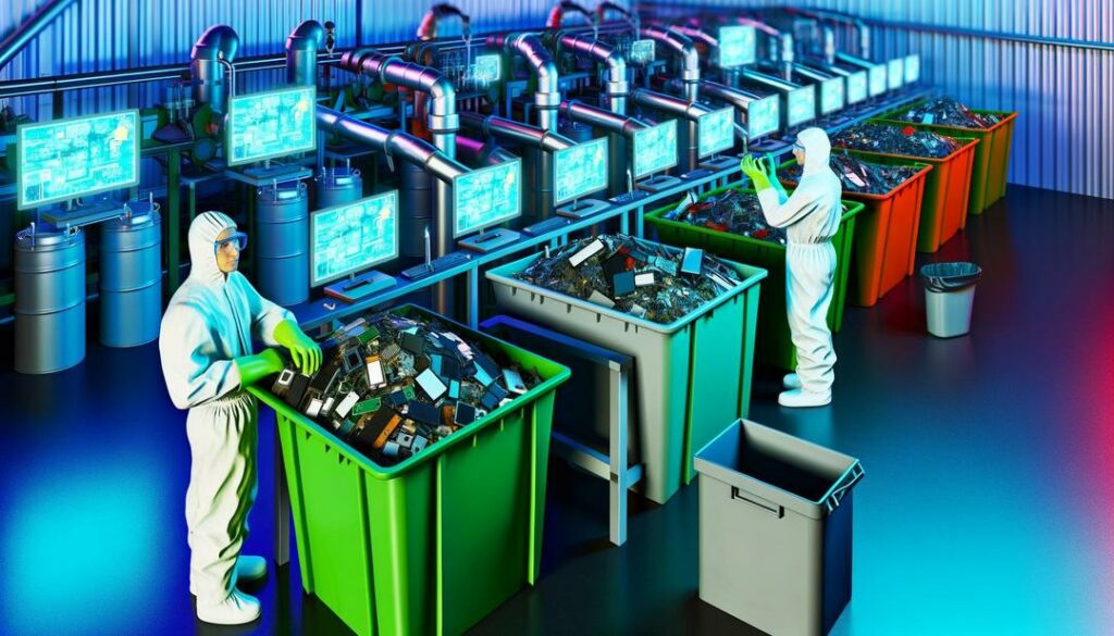 A photorealistic image showcases the intricate process of rare earth recycling at a modern facility, with technicians dismantling electronic waste in the foreground, a high-tech separation machine in the middle, and chemical separation systems in the background, all under bright lighting that highlights the innovative and environmentally responsible nature of the operation.