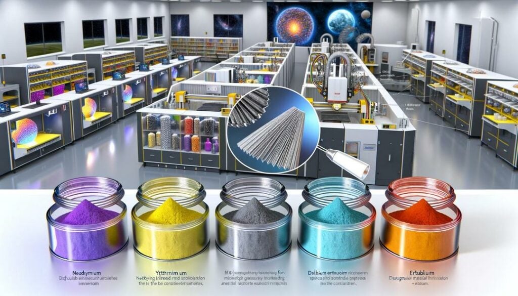 The image depicts a futuristic high-tech 3D printing facility where rare earths 3D printing is showcased through advanced printers constructing intricate parts, surrounded by colorful rare earth powders and interactive displays, all within a meticulously clean environment.