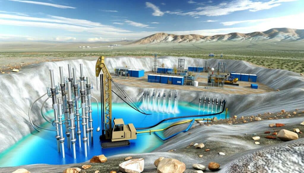 A photorealistic image of "in-situ leaching rare earth" shows a remote landscape with wellheads and pipes for solution injection and extraction, a portable drilling rig, and a discreet processing facility, all emphasizing minimal environmental impact and a balance of technology and nature.