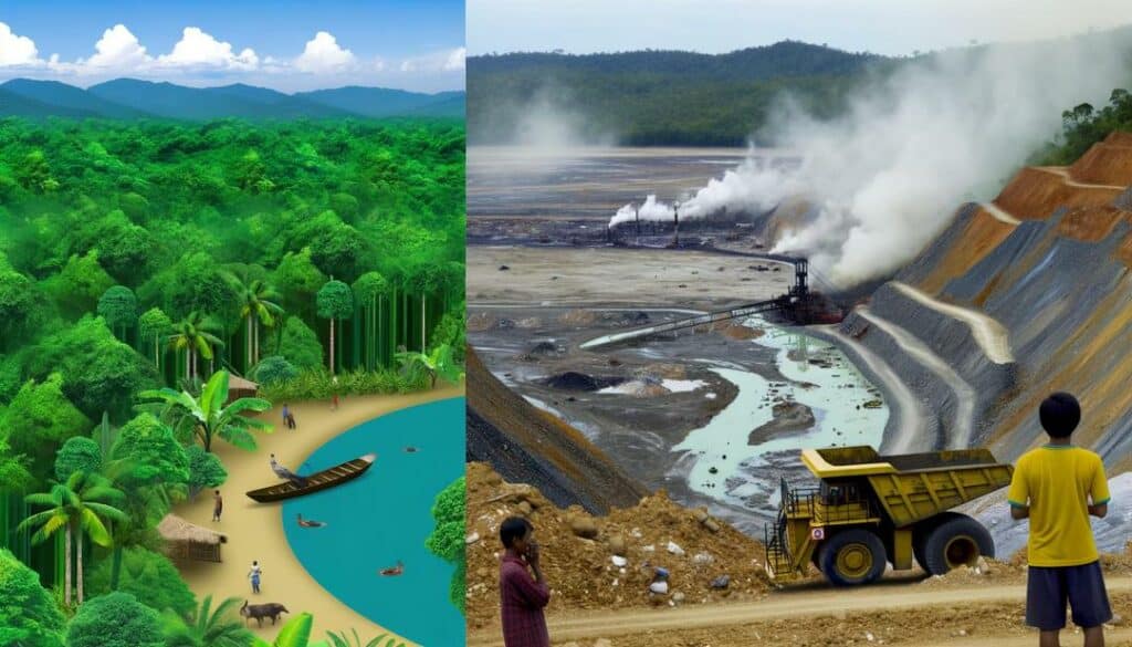 A photorealistic image that captures the devastating rare earth mining environmental impact. The scene depicts a stark contrast between a lush, vibrant forest teeming with life on one side, and the opposite side showing a barren wasteland created by open-pit mining.