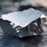 A close-up, detailed image of a raw piece of Holmium in its natural metallic form.