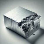 A close-up, detailed image of a raw, unprocessed piece of Dysprosium in its natural metallic state. Dysprosium appears as a relatively hard, silvery-white metal