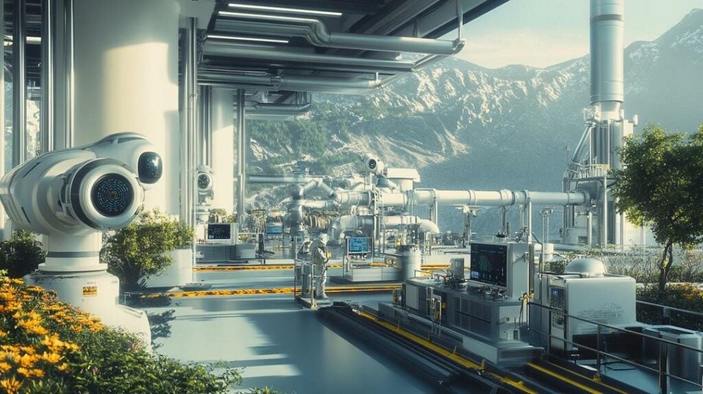A photorealistic depiction of a futuristic facility showcases innovative processes for obtaining rare earth elements from alternative rare earth sources, including robotic disassembly of electronic waste, seawater filtration, coal ash processing, geothermal brine extraction, and reclamation of old mining sites, all amidst an eco-friendly setting.