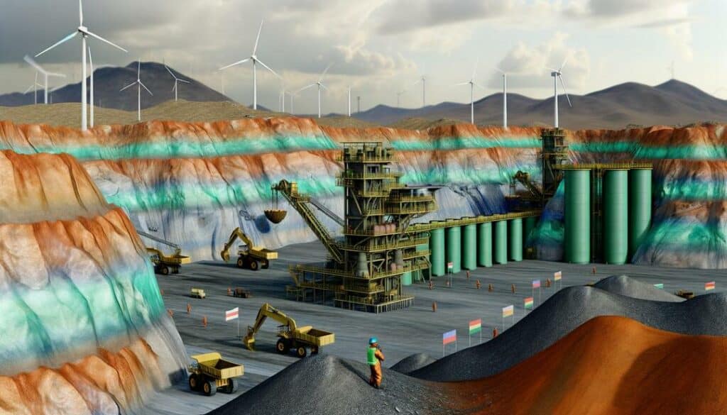 The image depicts a photorealistic view of the China rare earth market, featuring a vast open-pit mine with workers and large machinery, vibrant geological layers, a modern processing facility, renewable energy technologies, and flags of multiple countries, highlighting global competition and environmental concerns.