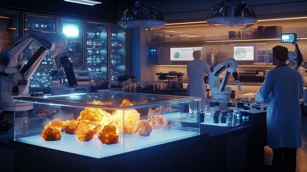 A high-tech research laboratory dedicated to the future of rare earth research showcases advanced equipment and glowing refined samples, with scientists examining data on holographic screens amidst displays of high-tech applications.