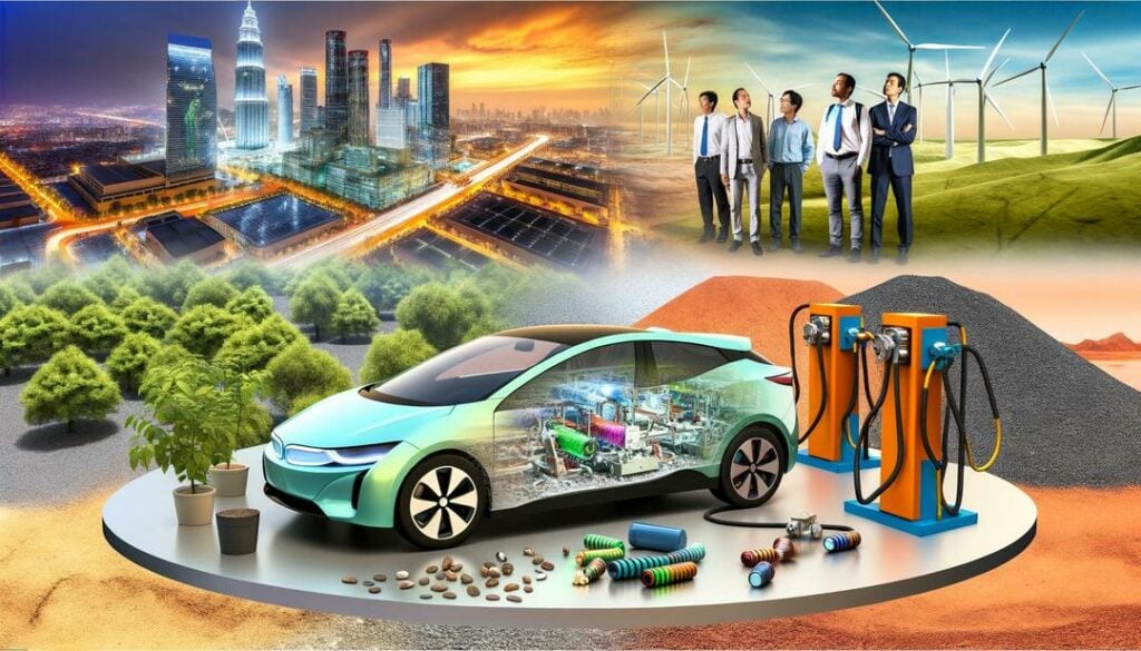 A photorealistic split scene illustrates the "rare earth EV demand" by juxtaposing a modern electric vehicle with visible REE components in a futuristic city against the environmentally impactful mining process of rare earth elements, highlighting international competition with country flags and advanced extraction technology.