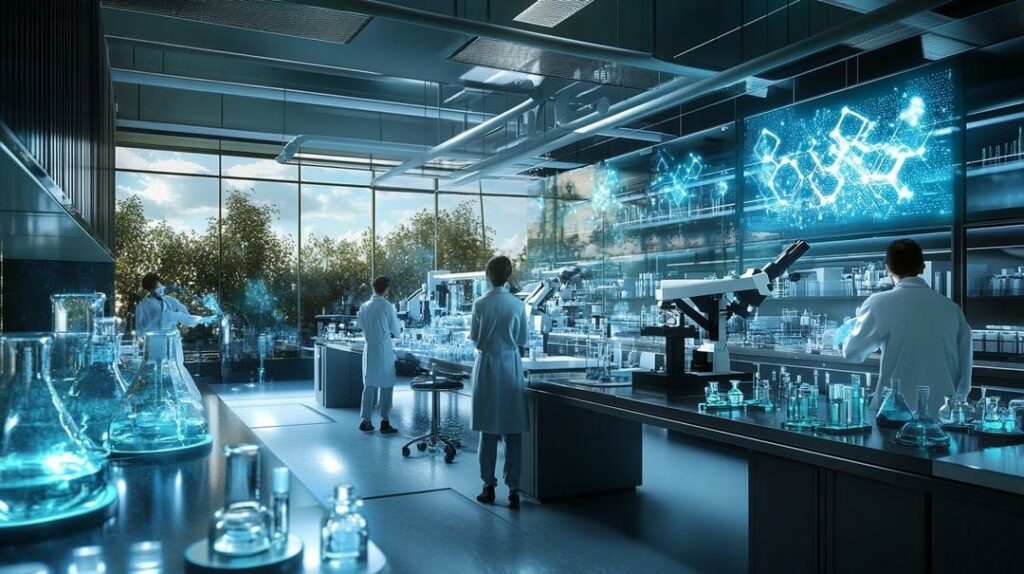 A hyper-realistic image of a cutting-edge laboratory showcases scientists working collaboratively on rare earth catalysts environment research, highlighting advanced equipment and an eco-conscious atmosphere.