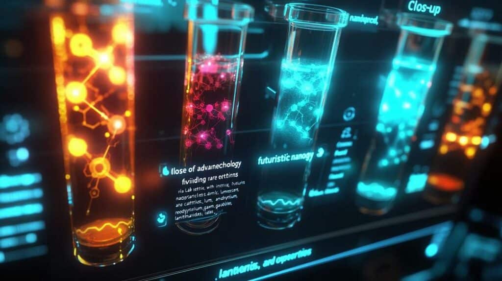 The image showcases a high-tech lab with glowing rare earth nanotechnology, vividly highlighting the magnetic, luminescent, and catalytic properties of neodymium, gadolinium, lanthanides, and yttrium.