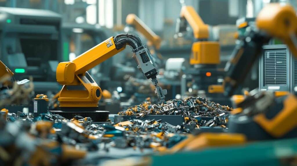 The image depicts a high-tech recycling facility highlighting "rare earth recycling breakthroughs," with advanced machinery and robotic arms processing e-waste amid eco-friendly surroundings.