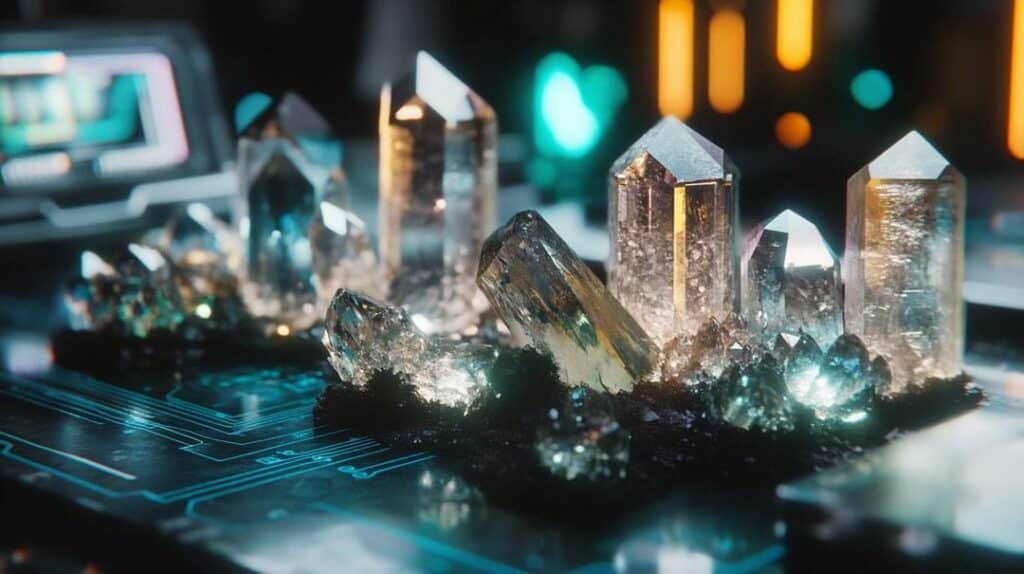 A photorealistic depiction of a high-tech laboratory features a scientist analyzing vivid neodymium and europium compounds, highlighting the advanced technological environment fostered by rare earth research spin-offs.