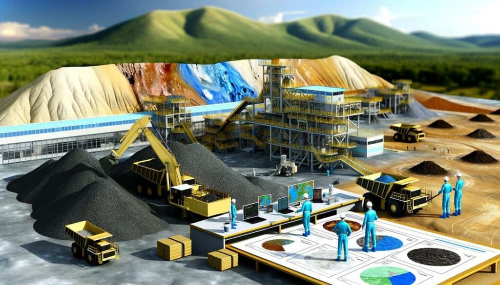 The image vividly portrays a modern rare earth mining site, illustrating the extraction process with heavy machinery and workers in safety gear, framed by the natural landscape, emphasizing the significance of rare earth strategic reserves amidst efforts for environmental sustainability.