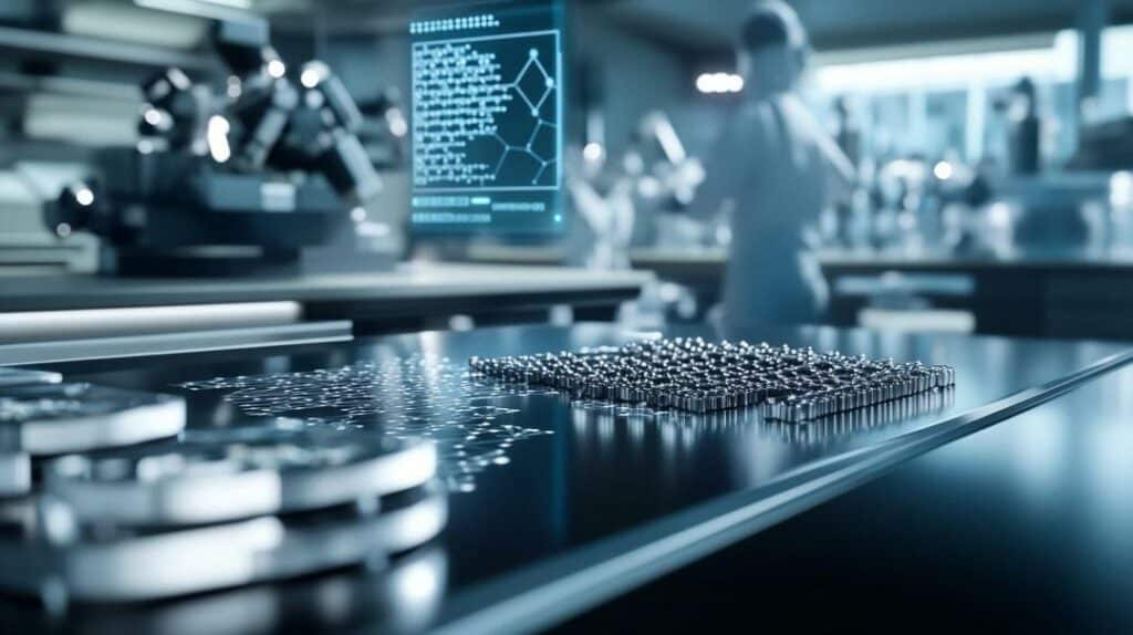 A futuristic lab showcases rare earth substitute materials like cobalt-based magnets and graphene sheets on a metallic table, with scientists analyzing results amid advanced machinery and holographic screens displaying molecular structures.