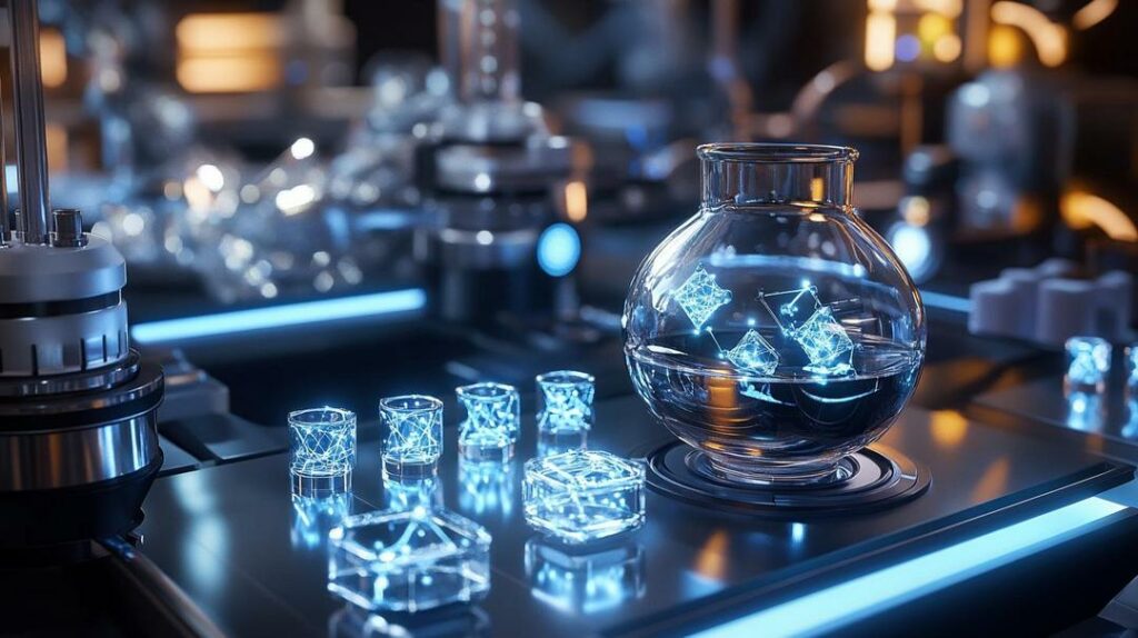 A highly detailed quantum computing lab illuminated by a blue glow, featuring rare earth-doped crystals and advanced quantum circuits, emphasizes the keyword "rare earths in quantum computing."