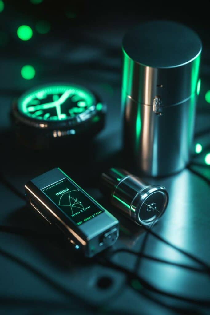 In the foreground, display a compact atomic battery, symbolizing its use in long-lasting power sources for pacemakers and space probes. Include a glowing wristwatch dial nearby, highlighting its role in luminous paint for low-light environments.