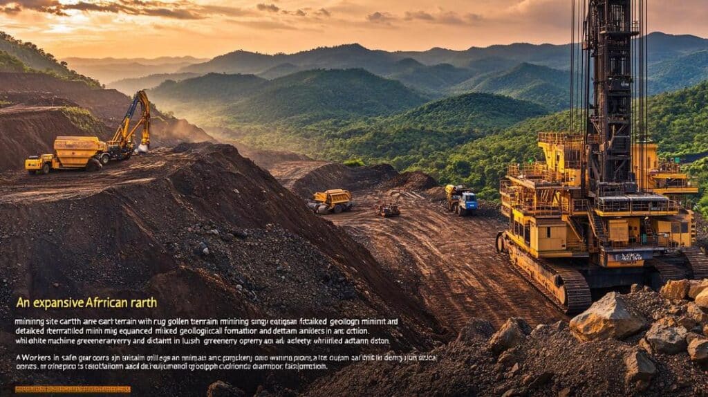 The image depicts an Africa rare earth mining site at golden hour, showcasing advanced machinery and workers in safety gear amidst rugged terrain and lush greenery, highlighting the harmony between natural beauty and industrial progress.