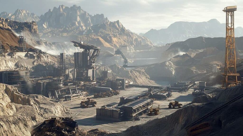 A hyper-detailed illustration explores the future of rare earths research, showcasing a state-of-the-art mining facility harmoniously integrated into a mountainous landscape, complete with autonomous vehicles, renewable energy, and scientists in high-tech gear amidst pristine nature.