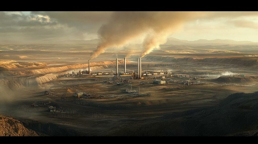 The landscape portrays the immense scale of China's rare earth production history through a photorealistic depiction of an active mining operation in Inner Mongolia, featuring expansive open-pit mines and bustling industrial activity amidst a stark, rugged environment.