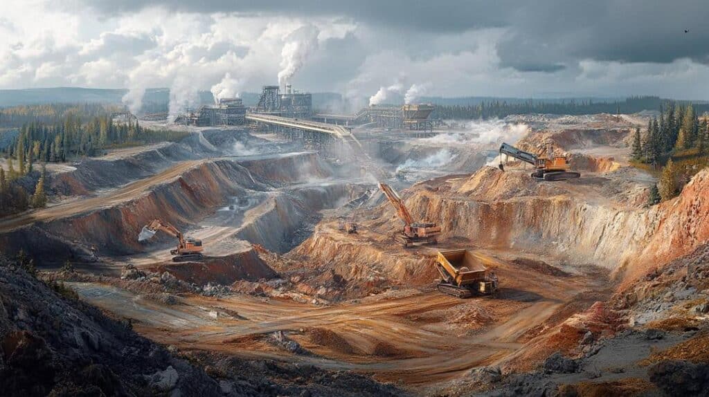 A hyper-realistic mining site showcases the heavy-duty machinery and operations involved in the politics of rare earth mining, set against a cloudy sky and a strained natural environment.