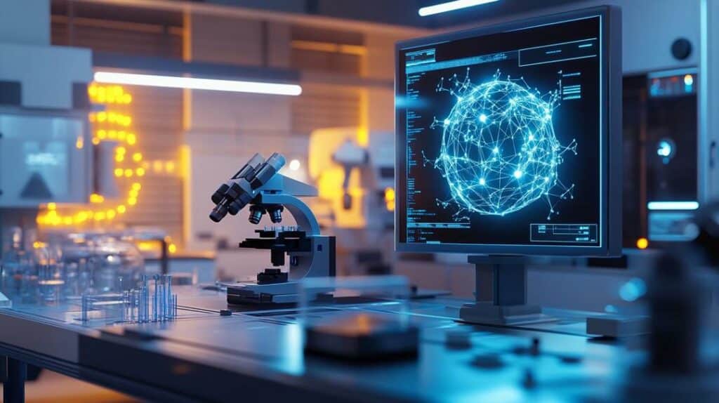 A futuristic laboratory scene illustrates "rare earth microstructure engineering" with a holographic 3D projection showcasing the intricate atom-scale arrangements of a rare earth metal sample, set amidst advanced scientific instruments and a high-tech, minimalistic environment.