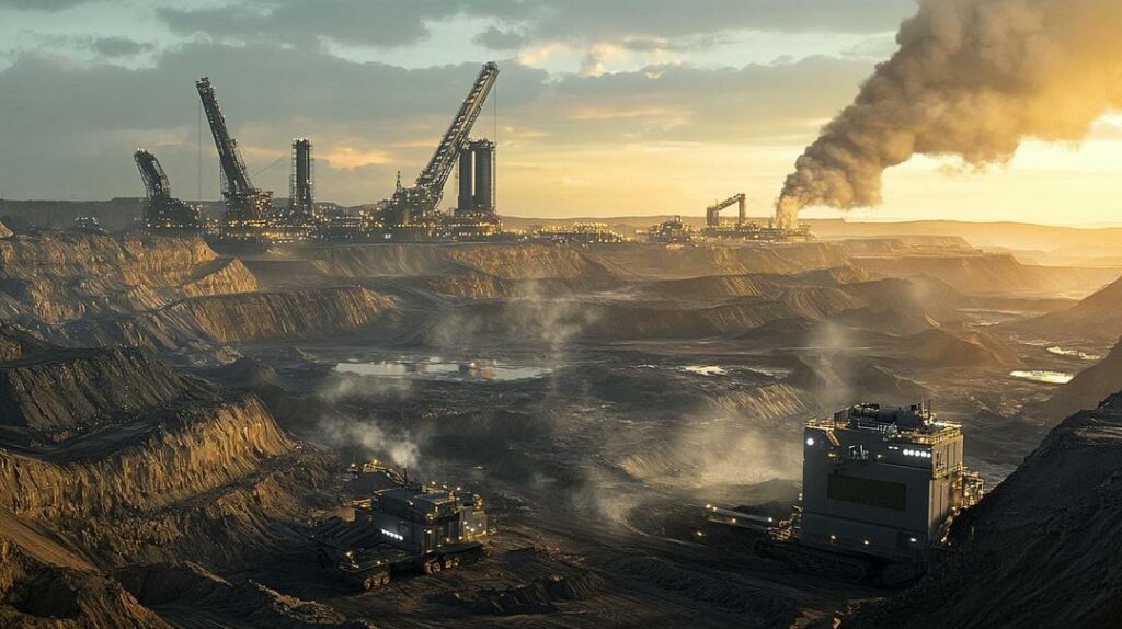 A futuristic mining operation in a rugged landscape showcases advanced machinery and robotic automation for rare earth mining global trade, juxtaposed with environmental disruption and dense atmospheric lighting.