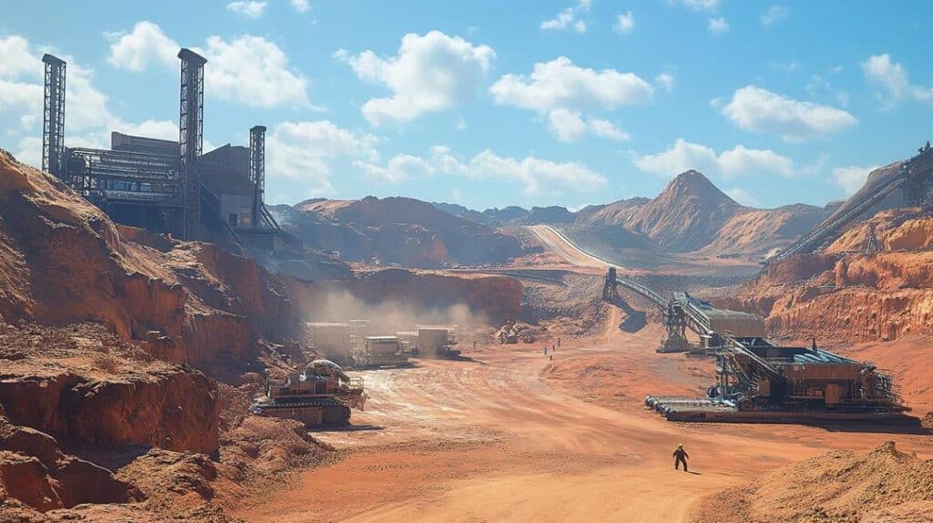 An expansive industrial site dedicated to rare earth mining in Australia is depicted in the arid outback, showcasing large-scale high-tech machinery and conveyor belts amidst striking red and orange landscapes, with miners in safety gear underscoring human involvement.