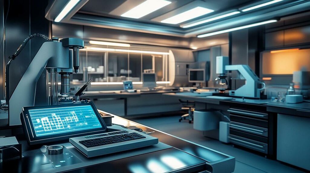 A high-tech laboratory dedicated to *rare earth research equipment* showcases photorealistic scientific devices, including an illuminated Inductively Coupled Plasma Mass Spectrometer (ICP-MS), a detailed Scanning Electron Microscope (SEM), and a visible X-ray Diffraction (XRD) unit, set within a modern, sterile environment of metallic and glass finishes.