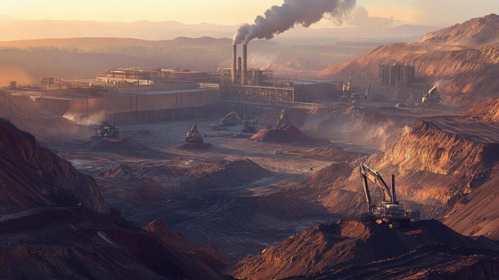 Alt Text: A photorealistic sunrise scene of a rare earth mining site with vast, rugged terrain, industrial machinery, and a hazy processing facility, illustrating the "rare earth supply chain guide."