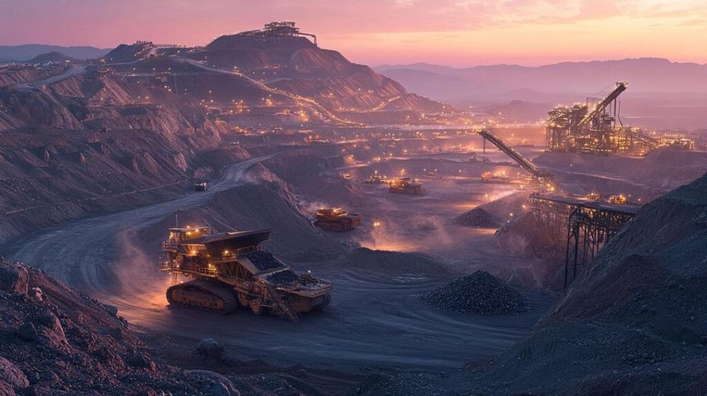 A photorealistic image of a rare earth mineral mining site during golden hour, highlighting the economic and geopolitical importance of rare earths in US-China trade relations.