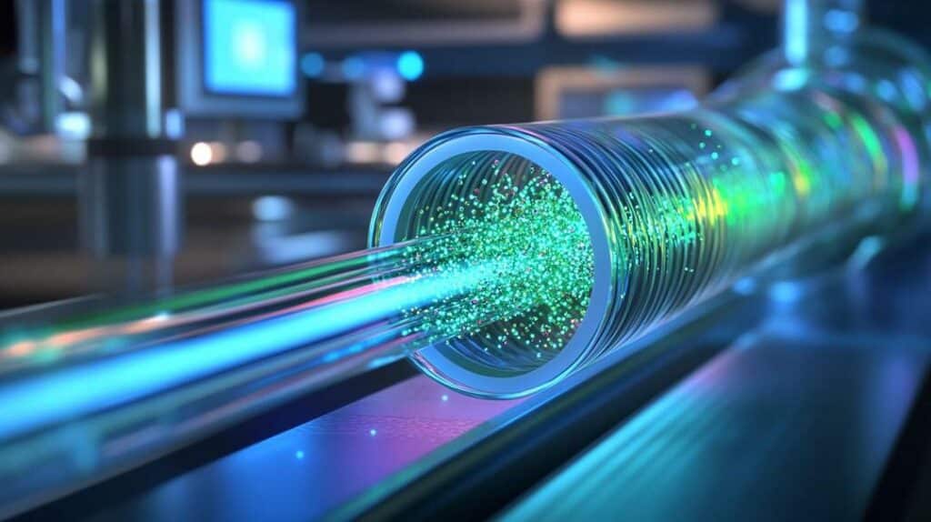 A hyper-detailed, photorealistic close-up of high-tech optical fibers infused with rare earths in optical fibers, glowing with vibrant hues in a clean, futuristic laboratory.
