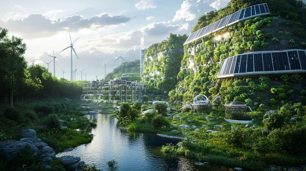 A futuristic industrial facility embodies "sustainable rare earth tech," with eco-friendly design and renewable energy sources harmoniously integrated into a pristine natural setting.
