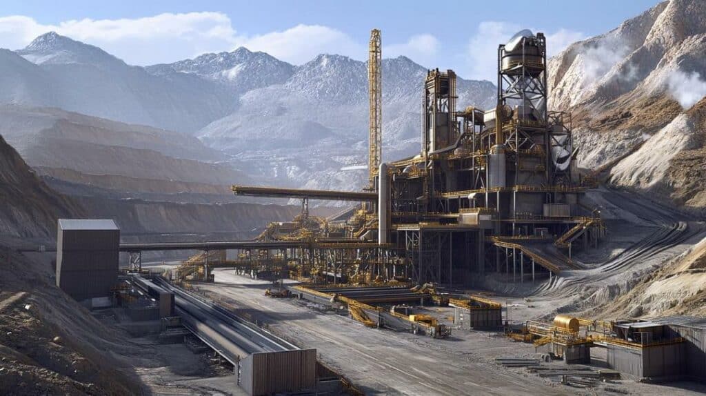 The image illustrates a massive open-pit mine in China, highlighting one of the top rare earth producing countries, with industrial machinery and workers in safety gear showcasing the scale and innovation of the global mining industry.