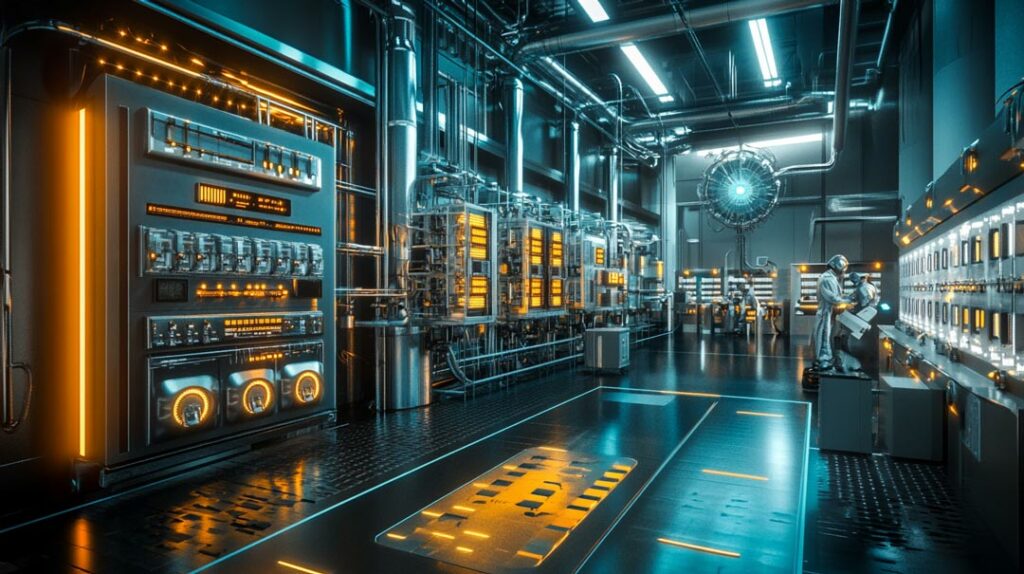 A hyper-realistic energy lab scene illustrates the innovative use of rare earth elements in futuristic energy storage, showcasing glossy machinery, engineers in high-tech suits, and renewable energy sources visible through windows.
