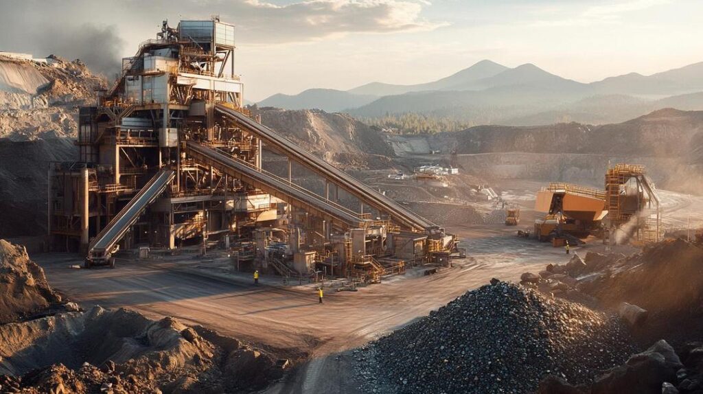 A hyper-realistic portrayal of an industrial mining facility highlights the global reliance on rare earth minerals, depicting the complex extraction process crucial for countries dependent on rare earth imports.