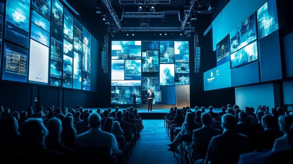 A vibrant scene at a rare earth industry conferences 2025 gathering, where a diverse crowd of professionals engages in discussions amid displays of futuristic mining technology and sustainable solutions.