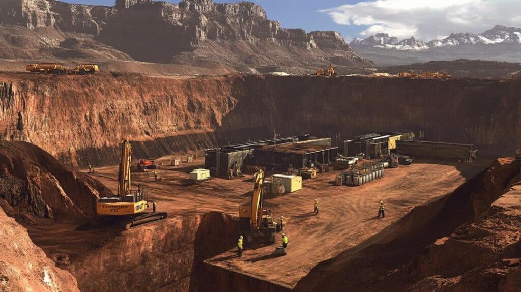 A hyper-realistic image of a rare earth mining site in America highlights excavation machines, workers examining samples, and trucks transporting materials amid rugged terrain, emphasizing the importance of "Rare earth logistics in America" with modern processing facilities in the background.