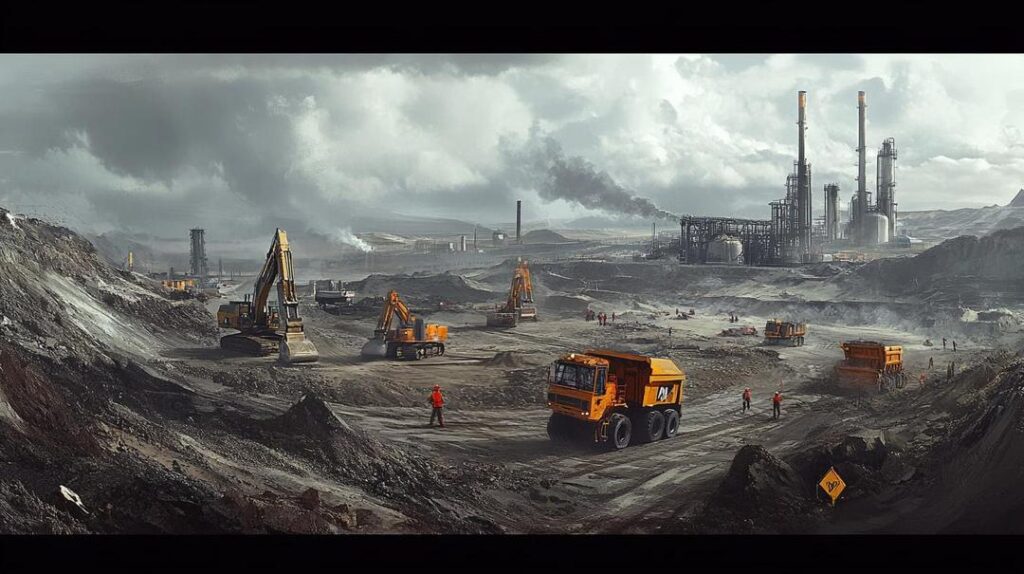 A detailed and realistic portrayal of a rare earth mining operation, highlighting heavy machinery, workers, and a chemical processing plant, set within a rugged open-pit mine, illustrating the complexities of rare earth mining and global trade.