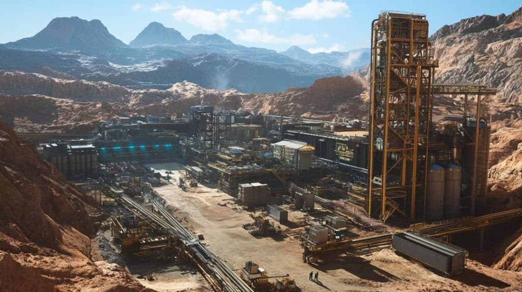 A rare earth processing facility in America is depicted in a remote desert landscape, filled with advanced machinery and equipment, workers in protective gear, and a backdrop of rugged mountains under a blue sky, emphasizing environmental responsibility and innovation.