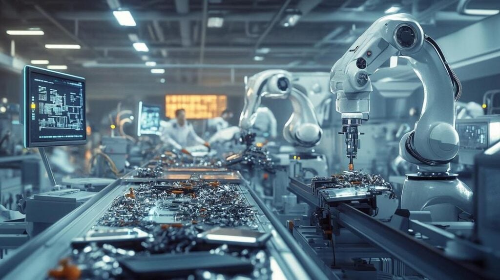 A futuristic recycling facility highlights the role of "Rare earth recycling in the US supply chain" with advanced robotic arms sorting electronic devices, scientists monitoring holographic displays, and a backdrop of wind turbines and solar panels.