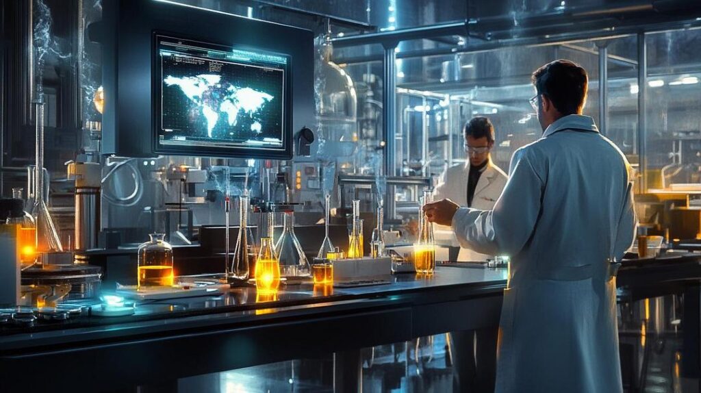 A high-tech laboratory illustrates solutions for **rare earth shortages tech industry**, showcasing scientists analyzing elements like neodymium, with futuristic electronic waste recycling machinery and a global supply chain map.