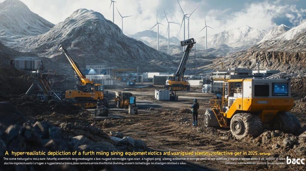 A futuristic rare earth mining site in 2025 highlights advanced, sustainable practices with robotics and AI, underscoring the importance of rare earth supply chains 2025 in a clean energy landscape.