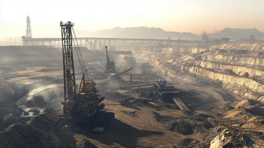 An expansive open-pit mine under a clear sky highlights the industrial extraction of rare earths, underscoring their strategic importance for US jobs with massive machinery and minimal human presence.