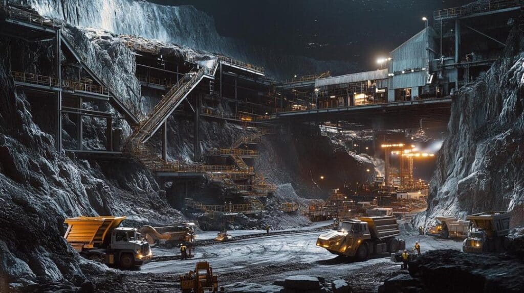 Alt Text: A photorealistic depiction of a rare earth mineral mining operation in the United States, illustrating how US legislation impacts rare earth supply chains with heavy machinery, conveyor belts, and a modern processing facility against a rocky landscape.