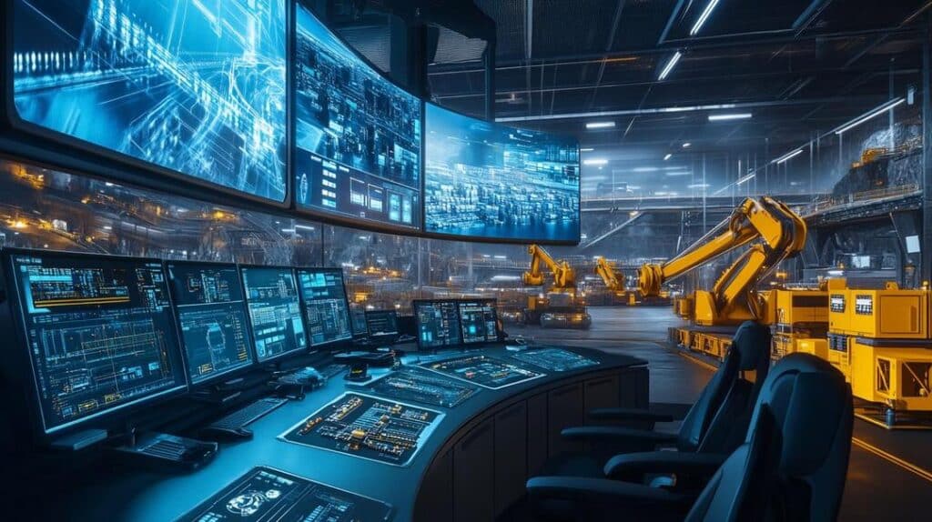 The image depicts a high-tech control center highlighting AI in rare earth logistics in the USA, featuring advanced AI systems managing and optimizing real-time supply chain data and operations with futuristic technology.