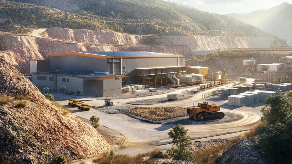 A photorealistic scene depicts a sustainable rare earth supply chain in America, featuring advanced mining equipment and solar-powered facilities amidst a minimally disrupted natural landscape.