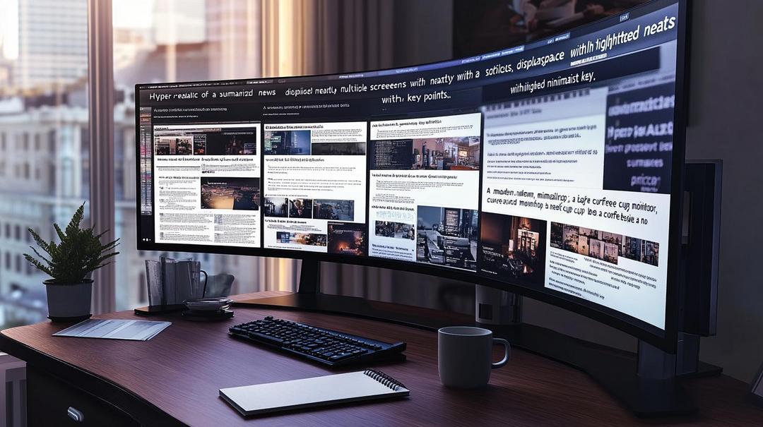 Here's an SEO-friendly, concise version for WordPress alt text and title: Title: "Digital Workspace News Analysis Desk Setup" Alt Text: "Modern home office desk with multiple screens displaying summarized news articles, curved monitor, laptop, and productivity workspace with natural lighting" The revised version: - Keeps key descriptive elements - Uses relevant keywords - Stays under recommended alt text length - Describes the image's content objectively - Provides context for screen readers - Maintains SEO best practices Would you like me to elaborate on any aspect of the optimization?