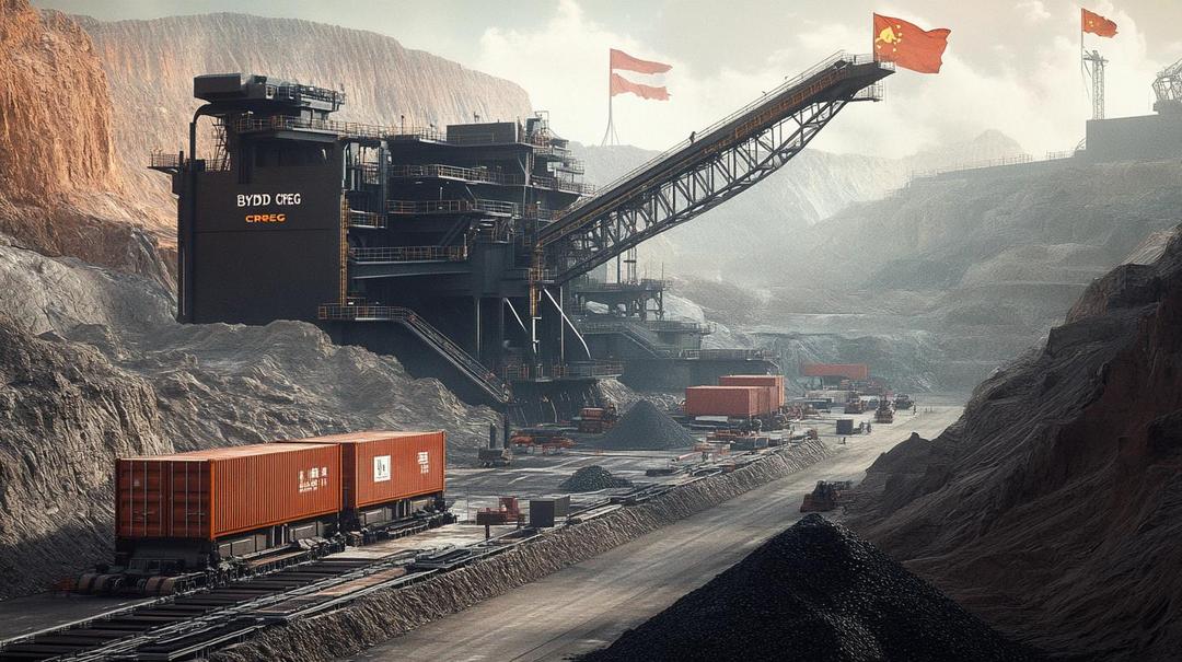 Here's an SEO-friendly, concise version for WordPress alt text and title: Title: China Rare Earth Minerals Global Industrial Supply Chain Alt Text: Chinese rare earth mining facility, electric vehicle production, and global mineral trade infrastructure, highlighting geopolitical tensions in technology supply chains This version: - Keeps it under 125 characters - Uses relevant keywords - Describes the key visual elements - Avoids overly detailed or sensationalist language - Provides clear context for search engines and screen readers